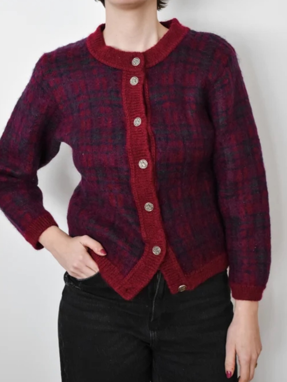 Vintage Edinburgh Burgundy Plaid mohair blend Cardigan Sweater fits size M